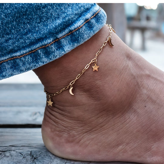 Load image into Gallery viewer, Anklet moon and stars - gold &amp;amp; silver
