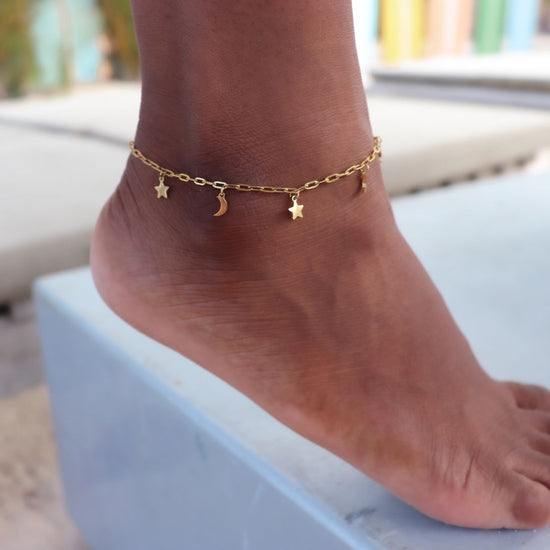 Load image into Gallery viewer, Anklet moon and stars - gold &amp;amp; silver
